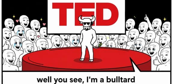 Bull mascot giving a TED talk on stage before a cheering crowd